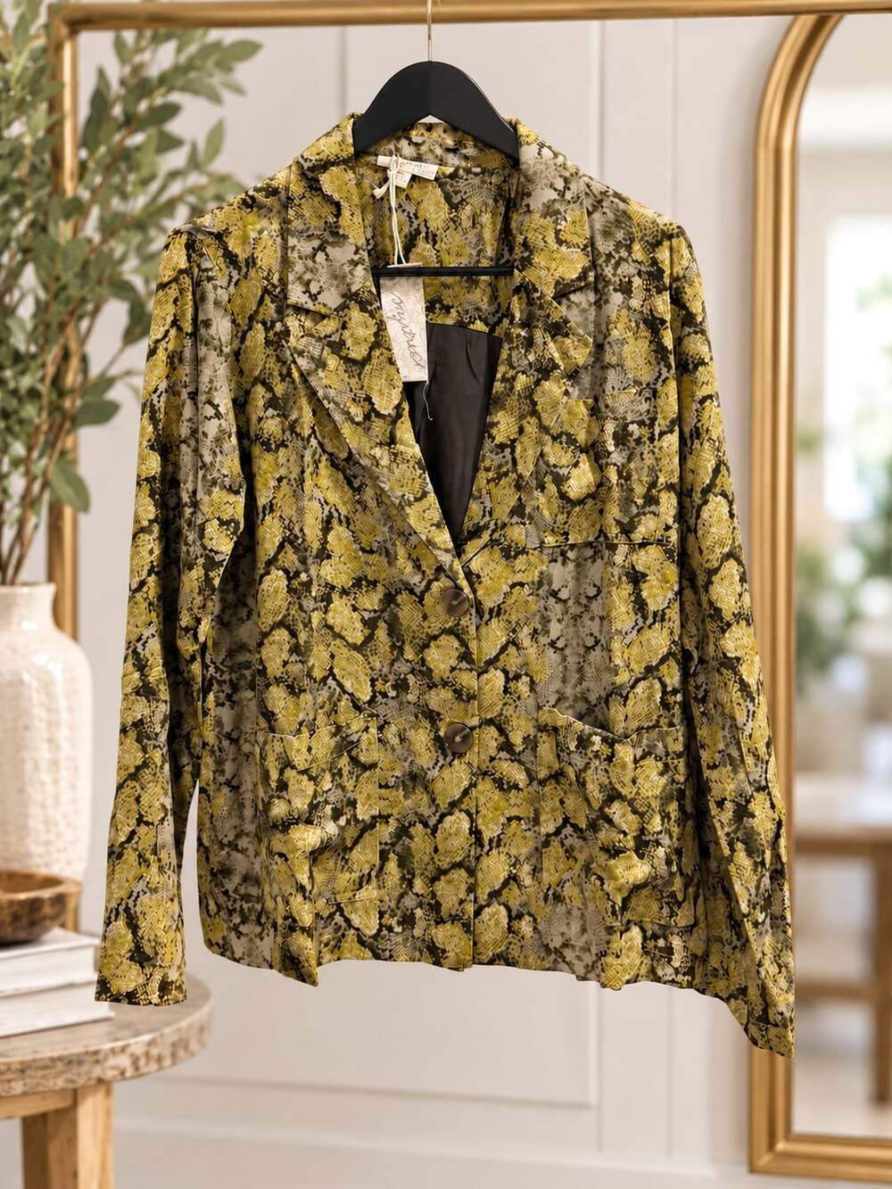 NWT Mystree Yellow Snakeskin Print Blazer Jacket Olive Green Sz L